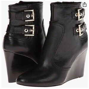 NWOT NINE WEST Herbert LEATHER WEDGE Heel BOOTS Booties Buckles Black 8M
